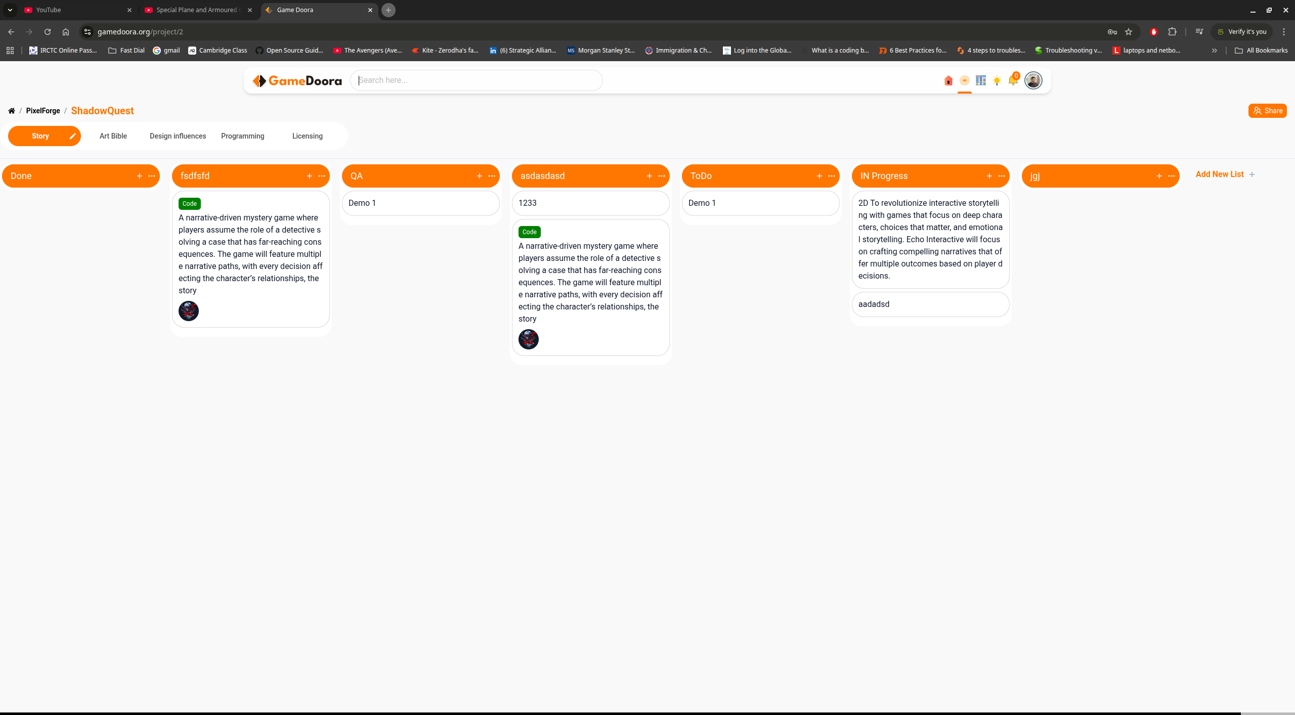 Kanban-style project board inside Gamedoora