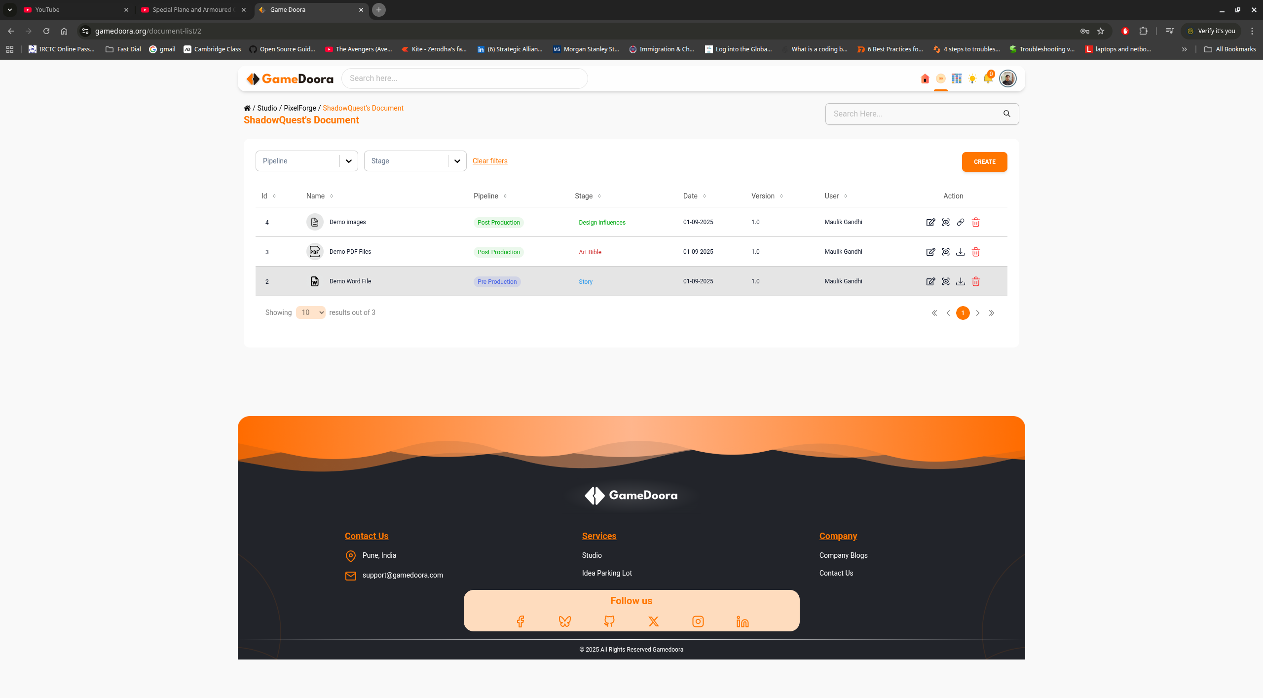 Gamedoora project documents interface with workflow context