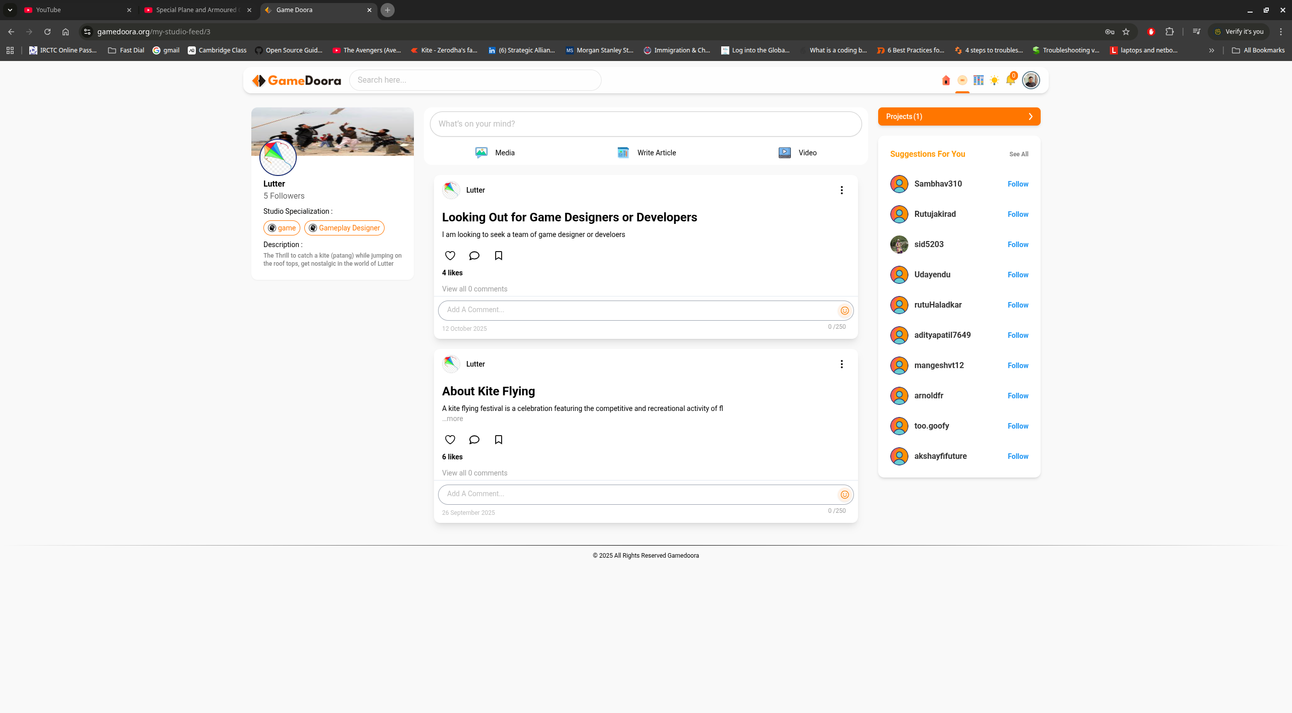 Gamedoora studio feed interface with updates and creator activity